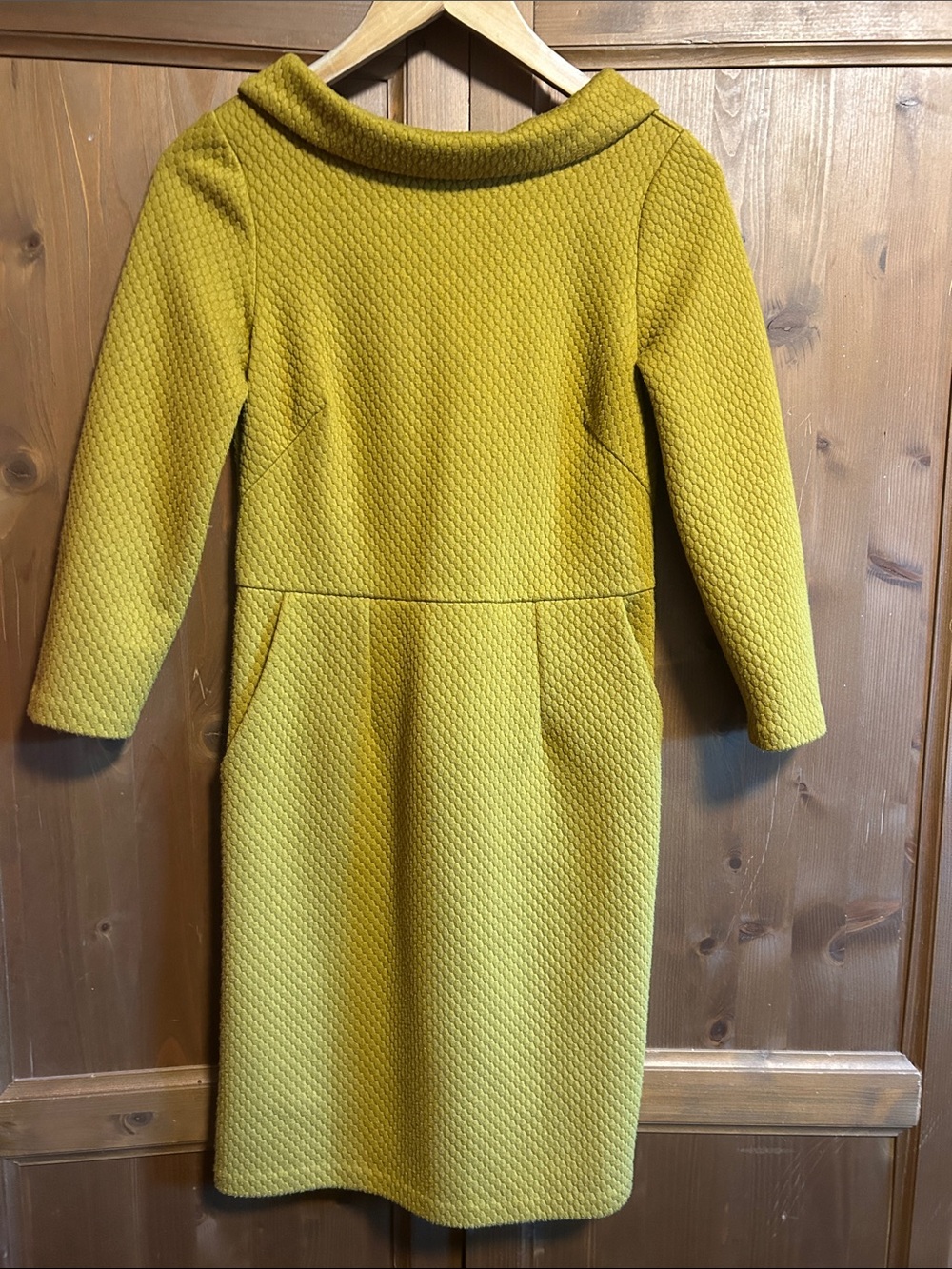 Boden Estella Jacquard Dress in a textured mustard/saffron yellow hue, 2R